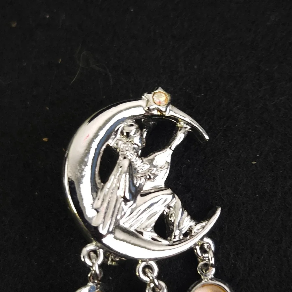 Silver Tone Vintage Angel Lute Player Stars Moons Jewelry‎ Pin Brooch Pendant